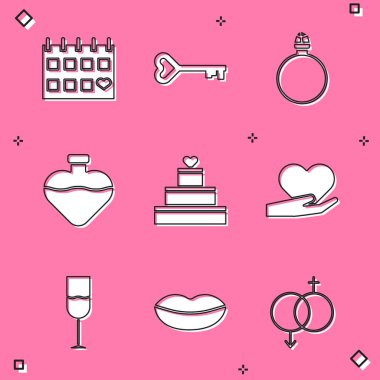 Takvimi kalple ayarla, anahtar formda, elmas nişan yüzüğü, şişe aşk iksiri, düğün pastası, Kalp eli, şarap kadehi ve gülen dudaklar ikonu. Vektör