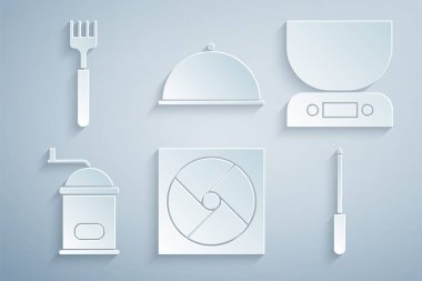 Havalandırma, elektronik teraziler, el yapımı kahve öğütücü, bıçak bileyicisi tepsi ve çatal simgesiyle kaplı. Vektör