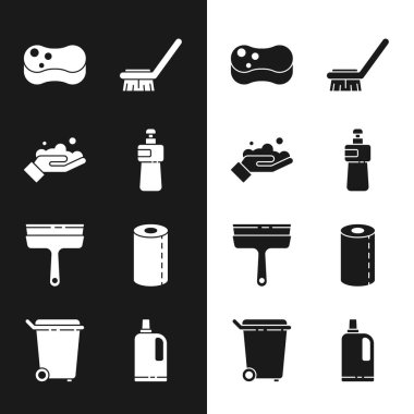 Bulaşık deterjanı şişesini, ellerini sabunla yıkamayı, süngeri, temizlik fırçasını, temizleyici camları, kağıt havlu rulosunu, yumuşatıcıyı ve çöp tenekesi ikonunu hazırla. Vektör