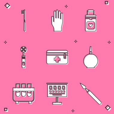 Diş fırçası, tıbbi lastik eldiven, organ kabı, elektrikli diş fırçası, ilk yardım çantası, Enema, test tüpü ve göz testi çizelgesi ikonu. Vektör