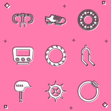 Bisiklet gidonu, ayakkabılar, bilye, hız göstergesi, tekerlek lastiği, çatal, miğfer ve sproket kolu simgesini ayarlayın. Vektör