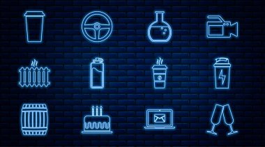 Düz çizgi şampanya bardakları, fitness karıştırıcı, test tüpü ve matara, su dolu spor şişesi, ısıtma radyatörü, kahve fincanı ve direksiyon ikonu. Vektör