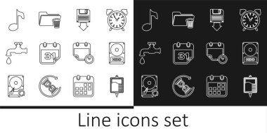 Serum torbasını, sabit disk sürücüsü HDD, disket yedeğini, takvim, su musluğu, müzik notası, ton ve saat klasörü simgesini ayarlayın. Vektör