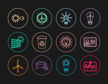 İmzalı belge, kimlik kartı, teçhizatlı ampul, geri dönüşüm kutusu, güneş enerjisi paneli ve güneş, güneş prizi ve dönen rüzgar türbini ikonu. Vektör