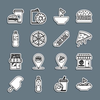 Tabakta Nachos, Pizzeria bina cephesi, pizza dilimi, pizza, şişe su, kahve ve burger ve Hotdog sandviç ikonu. Vektör