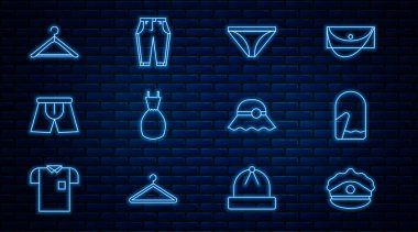 Polis şapkası, papağan, Noel eldiveni, erkek iç çamaşırı, kadın iç çamaşırı, elbise dolabı, zarif kadın şapkası ve pantolon ikonu. Vektör