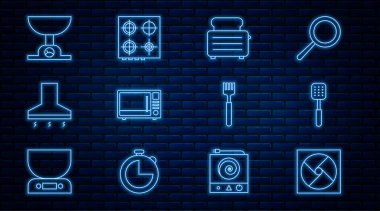 Hattı havalandırma, Spatula, tostlu tost makinesi, mikrodalga fırın, mutfak vantilatörü, elektronik pullar, çatal ve gaz soba ikonu. Vektör