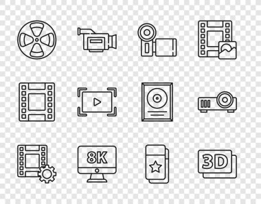 Play Video, 3D kelime, Cinema camera, Monitor with 8k, Film reel, Online play video, bilet ve Media projektör simgesi. Vektör