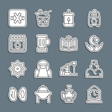 Saati, Müslüman adam, Yıldız ve Hilal, Ramazan Kareem feneri, Ortaçağ kadehi, takvim, Şekersiz ve Kuran 'ın kutsal kitabı. Vektör