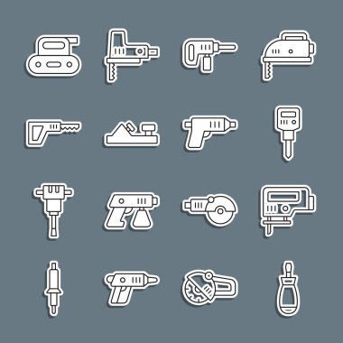 Tornavida, elektrikli yapboz, inşaat matkabı, matkap, matkap, tahta uçak aleti, tanımlayıcı, planör ve kablosuz tornavida ikonu. Vektör