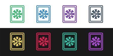 Siyah ve beyaz arkaplanda izole edilmiş monitör simgesi üzerindeki çizgi virüsü istatistiklerini ayarla. Corona virüsü 2019-nCoV. Bakteri ve mikroplar, hücre kanseri, mikrop, mantar. Vektör..