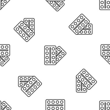 Gri çizgi hapları, beyaz arka planda izole edilmiş bir iz bırakıyor. İlaç paketi. Tablet, vitamin, antibiyotik, aspirin. Vektör..