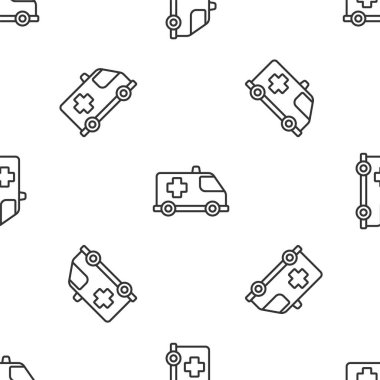 Gri çizgi ambulans ve acil durum arabası ikonu beyaz arka planda izole edilmiş pürüzsüz desen. Ambulans aracı tıbbi tahliye. Vektör..