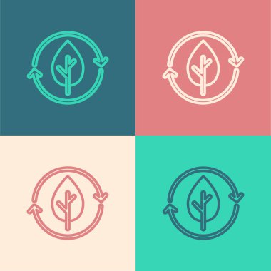 Pop sanat çizgisi geri dönüşüm sembolü ve yaprak simgesi renk arkaplanında izole. Çevre geri dönüşümü yeşile döner. Vektör.