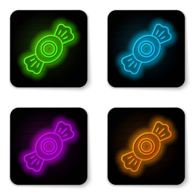 Parlayan neon hattı Candy simgesi beyaz arkaplanda izole edildi. Siyah kare düğme. Vektör