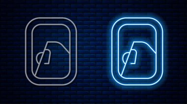 Parlayan neon hattı uçak pencere simgesi tuğla duvar arka planında izole edildi. Uçak lombozu. Vektör