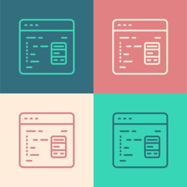 Pop Art Line Yazılım, Web Geliştirici programlama kod simgesi renk arkaplanında izole. Program kodunun rastgele bilgisayar betiği parçalarını Javascript et. Vektör