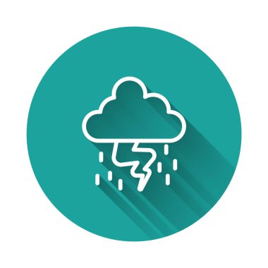 Beyaz çizgi Storm simgesi uzun gölge arkaplanı ile izole edildi. Bulut ve şimşek işareti. Fırtınanın hava durumu ikonu. Yeşil daire düğmesi. Vektör