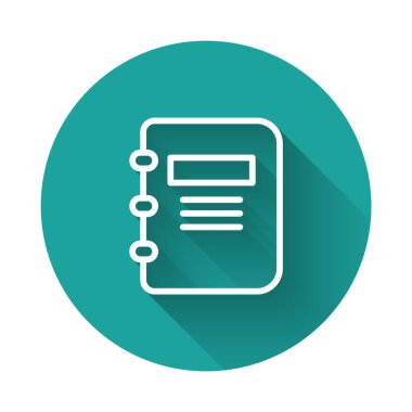 Beyaz çizgi Not Defteri simgesi uzun gölge arkaplanı ile izole edildi. Spiral not defteri simgesi. Okul defteri. Yazı tahtası. Okul günlüğü. Yeşil daire düğmesi. Vektör