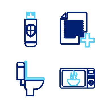 Hattı mikrodalga fırın, klozet, yeni dosya, USB flash disk ve kalkan simgesi ekle. Vektör