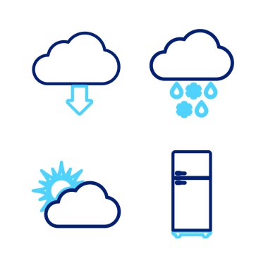 Buzdolabı, güneş ve bulut hava durumu, kar yağışlı bulut ve ikon indir. Vektör
