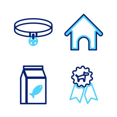 Line Dog ödül sembolü, kedi, ev ve yaka etiketli yiyecek torbası. Vektör