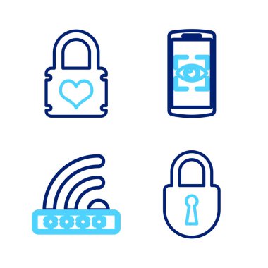 Hat kilidi, Wifi kilitlendi, cep telefonu, göz taraması ve kalp ikonlu asma kilit ayarlandı. Vektör