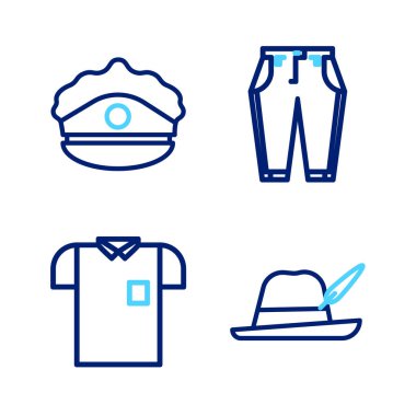 Çizgiyi Oktoberfest şapkası, Polo gömleği, Pantolon ve Cokade ikonlu polis şapkası ile belirleyin. Vektör