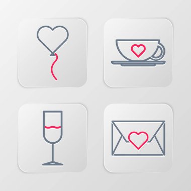 Zarfta sevgililer günü kalbi, şarap bardağı, kahve fincanı ve balon form ikonu olsun. Vektör
