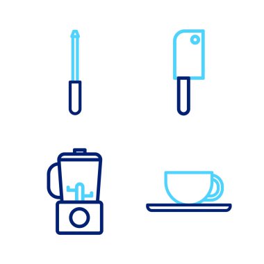 Çizgi kahve fincanı, blender, et helikopteri ve bıçak keskinleştirici ikonu. Vektör