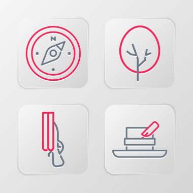 Avcı şapkası, tüy, av tüfeği, ağaç ve pusula ikonlu olsun. Vektör