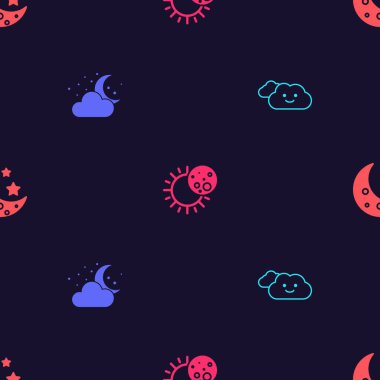 Bulut 'u, ay ve yıldızları, Güneş ve Ay tutulmasını kusursuz bir şekilde ayarla. Vektör.