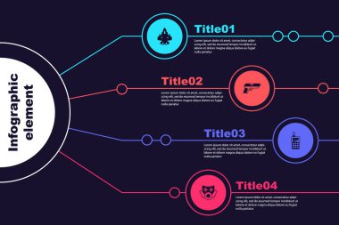 Set Jet fighter, Pistol or gun, Walkie talkie and Gas mask. Business infographic template. Vector clipart