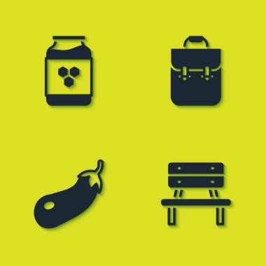 Kavanoz dolusu bal, Bench, Patlıcan ve Okul sırt çantası ikonu. Vektör