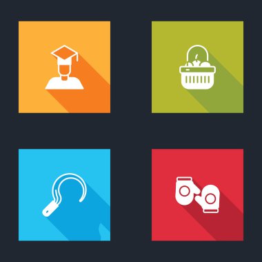 Mezuniyet şapkası, Basket yemeği, Orak ve Noel eldiveni ikonu. Vektör