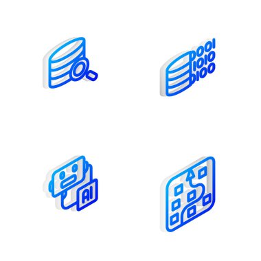 Isometric satır ikili kodunu, Sunucu, Yapay Zeka robotunu ve Sinirsel Ağ simgesini ayarla. Vektör