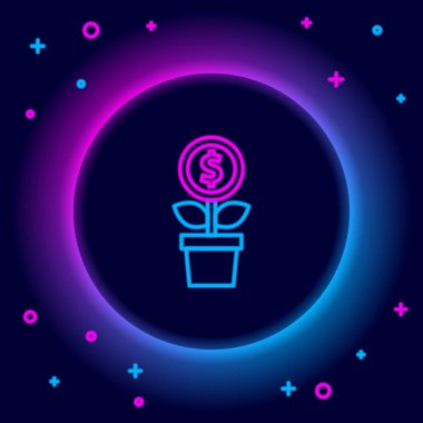 Parlayan neon hattı dolar bitkisi simgesi siyah arkaplanda izole edildi. İş yatırımı büyüme konsepti. Para tasarrufu ve yatırım. Renkli taslak konsepti. Vektör.