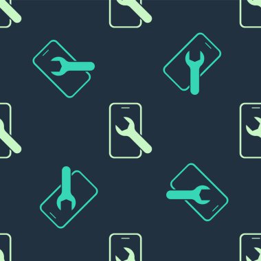 İngiliz anahtarı simgesine sahip yeşil ve bej renkli cep telefonu mavi arkaplandaki pürüzsüz deseni izole etti. Ayarlama, servis, ayar, bakım, onarım. Vektör.