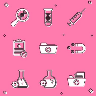 DNA araştırma şırıngası panosunu kan testi sicil dosyasıyla ve müşteri çeken ikonla ayarla. Vektör.