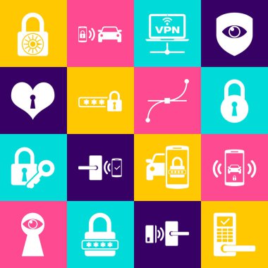 Dijital kapı kilidini kablosuz akıllı araba alarm sistemi ile ayarla VPN Bilgisayar Ağı Parola koruması ve Heart anahtar deliği simgesi. Vektör.