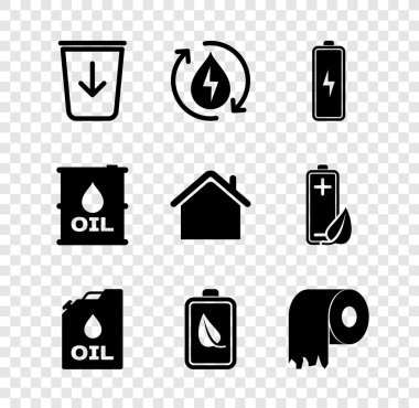 Çöp Geri Dönüşüm Temiz Su Batarya Kutusu Makinesi Yağ Çevre Yaprağı ve Batarya Tuvalet Kağıt Varili ve Ev ikonu Gönder 'e gönder. Vektör.