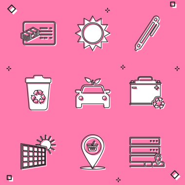 Finansal belge Sun Pen Geri Dönüşüm kutusunu geri dönüşüm Eko araba konsepti araba aküsü güneş enerjisi paneli ve konum alışveriş septi ikonu ile ayarla. Vektör.