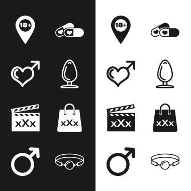 Anal tıkaç cinsiyetini ve kalp konumunu 18 + Potansiyel Film alkışlaması için haplar üçlü X Silikonlu ağız tıkacı ve sembol ikonu ile ayarla. Vektör.