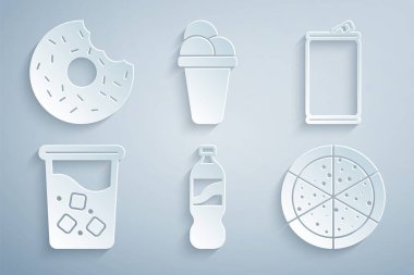 Pizza Dondurması ve Donut ikonuyla birlikte bir şişe su alüminyum kutu bardak. Vektör.