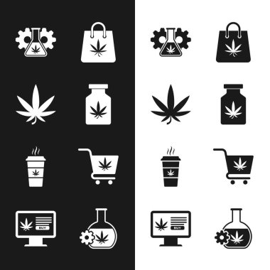 Tıbbi şişeye marihuana ya da kenevir yaprağı test tüpü, kahve sepetleri ve internet üzerinden ikon alma seti koyun. Vektör.