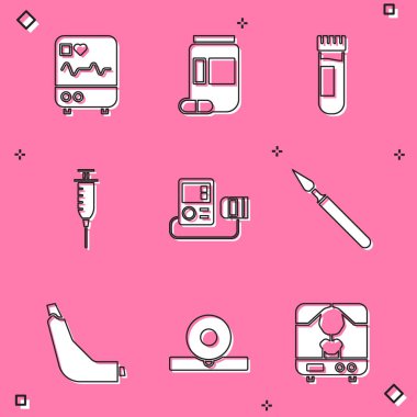 Monitörü kardiyogram ilaç şişesi ve haplarla ayarla. Kan testi tüpü kan basıncı, tıbbi cerrahi neşter ve Otolaryngological baş yansıtıcı ikonu. Vektör.