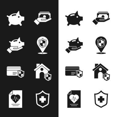 Konum kalkanı Piggy Bank Stacks kağıt para nakit kredi kartı ile House Health sigortası ve ikon ayarlayın. Vektör.