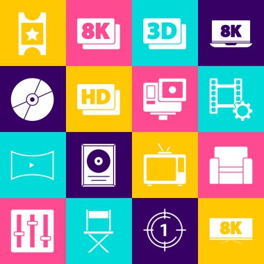 Ekran TV 'yi 8k Cinema koltuğu Play Video 3D kelime Hd film kaseti CD DVD disk bileti ve Action ekstrem kamera simgesi ile ayarla. Vektör.