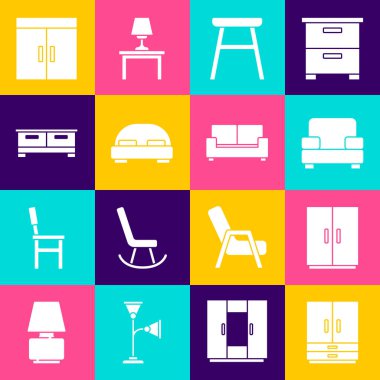 Kostüm Koltuğu Koltuğu Büyük Yatak Çekmeceler ve Koltuk ikonu ayarlayın. Vektör.