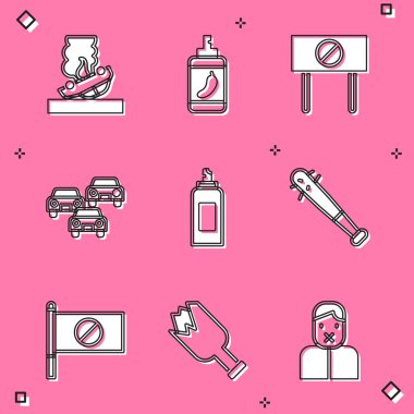 Yanan araba Pepper spreyi protesto trafik sıkışıklığı boya kutusunu çivili beyzbol sopası ve kırık şişe silah ikonu ile ayarla. Vektör.